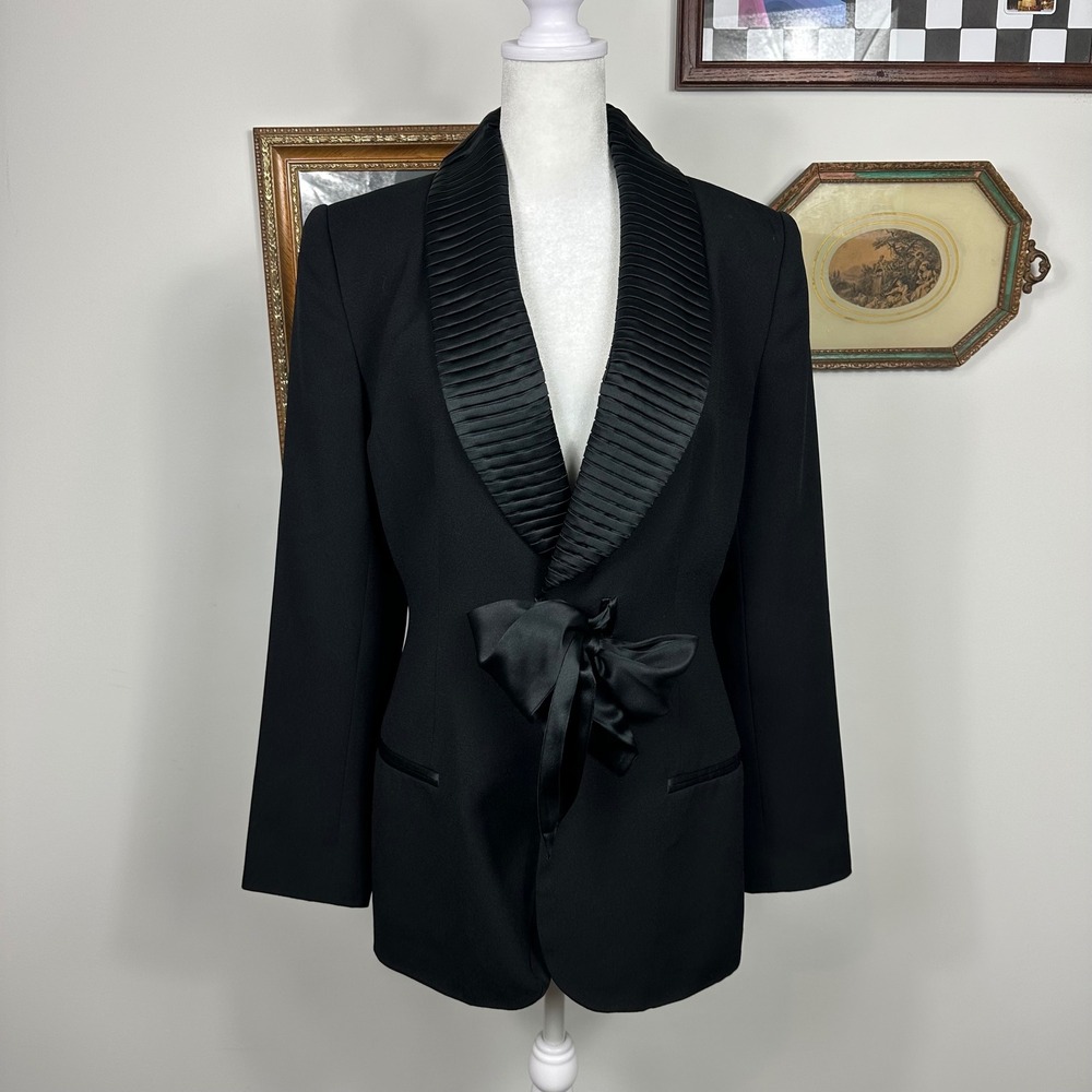 Vintage Albert Makali x Cache Black Blazer Satin Pleated Collar - SIZE 6 Bow Tie